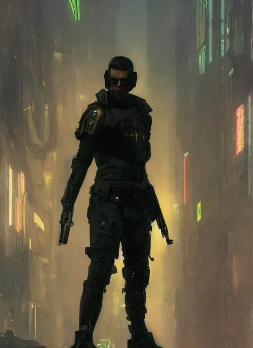 Prompt: Adrian Shepherd. Cyberpunk assassin in tactical gear. blade runner 2049 concept painting. Epic painting by Craig Mullins and Alphonso Mucha. ArtstationHQ. painting with Vivid color. (rb6s, Cyberpunk 2077, matrix)