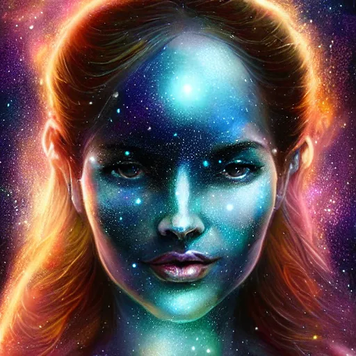 Image similar to Portrait of a cosmic goddess, suit made of stars, galaxy and nebulas, intricate, cinematic lighting, highly detailed, digital painting, artstation, concept art, smooth, sharp focus, illustration, art by Artgerm and Greg Rutkowski, Cgsociety