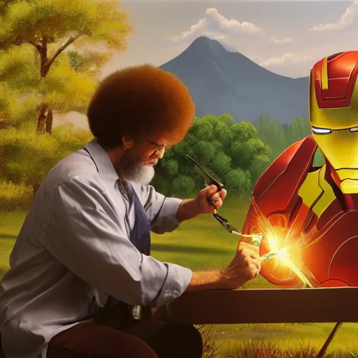 Image similar to a closeup photorealistic photograph of bob ross painting an image of iron man on a canvas. mountains and trees. film still. brightly lit scene. this 4 k hd image is trending on artstation, featured on behance, well - rendered, extra crisp, features intricate detail, epic composition and the style of unreal engine.