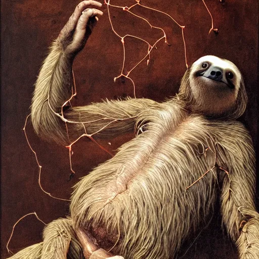 Image similar to Portrait of a sloth with translucent skin, visible muscles and veins and arteries and bones and spines and nerves, beautiful detailed intricate insanely detailed octane render, 8k artistic photography, photorealistic, chiaroscuro, by David Cronenberg, Raphael, Caravaggio