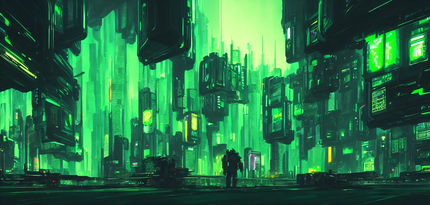 Prompt: a wall of monitors glowing green, cyberpunk background, cinematic view, detailed, vector art, high detail, warm lighting, volumetric, godrays, vivid, beautiful, trending on artstation, by jordan grimmer, huge scene, grass, art greg rutkowski