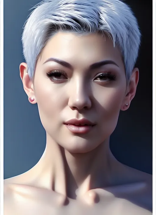 Image similar to photo of a gorgeous female with short gray hair in the style of stefan kostic, realistic, body shot, sharp focus, 8 k high definition, insanely detailed, intricate, elegant, art by stanley lau and artgerm, cherry blossoms