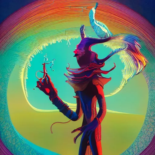 Image similar to colourful breathtakingly weird beautiful powerful magical wonderfully majestic beautifully cool character by michael whelan and moebius and beeple and kilian eng and dan mcpharlin and pascal blanche and jamie hewlett and richard dadd, symmetrical, magical stormy reflections, smoke on water, 8 k artstation