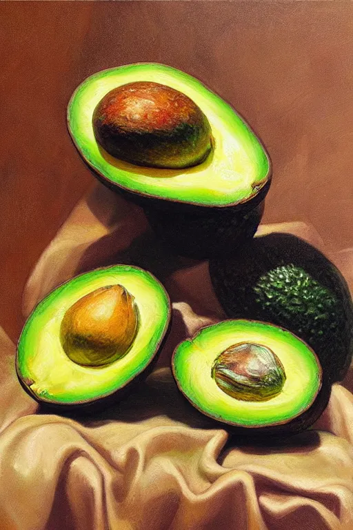 Image similar to A beautiful still life oil painting of Avocados lying on a silk cloth, fog, volumetric lighting, summer, hyperrealistic, colorful, hyperdetailed.