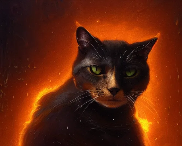 Prompt: a 4 k cinematic screenshot still portrait of a cat in a dark liminal space room surrounded by amber glow, deep focus, d & d, fantasy, intricate, elegant, highly detailed, digital painting, art station, concept art, matte, sharp focus, illustration, dark fantasy style art, hearthstone, art by artgerm and greg rutkowski and alphonse mucha
