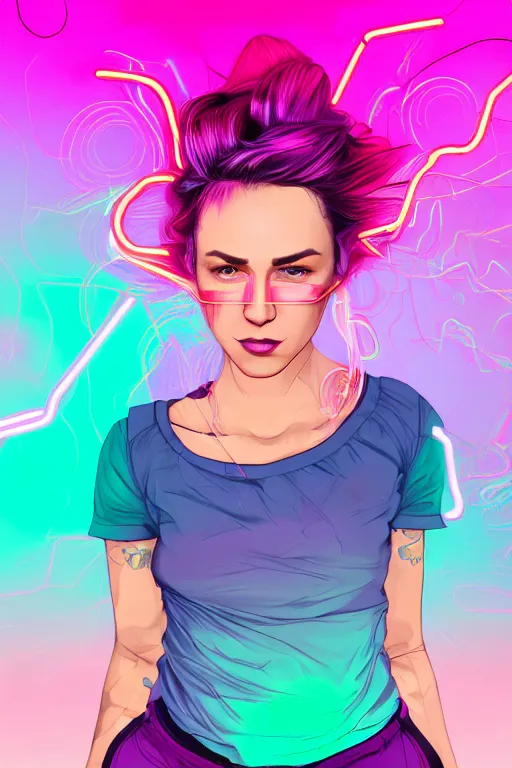 Image similar to a award winning half body portrait of a beautiful woman in a croptop and cargo pants with ombre purple pink teal hairstyle and hands in pockets by ari liloan, surrounded by whirling illuminated lines, outrun, vaporware, shaded flat illustration, digital art, trending on artstation, highly detailed, fine detail, intricate