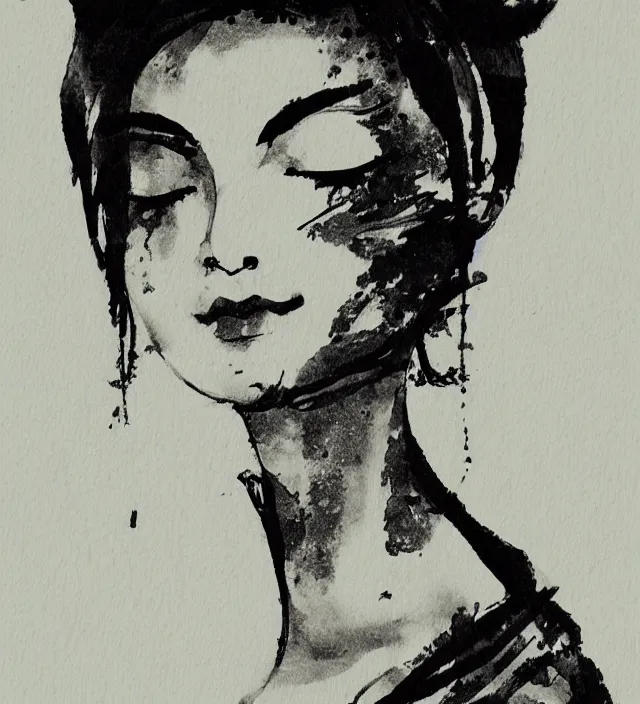 Image similar to taoist buddhist simple minimalist art brush ink painting of a beautiful girl portrait in squareenix miura kentaro sorayama noir style detailed trending award winning
