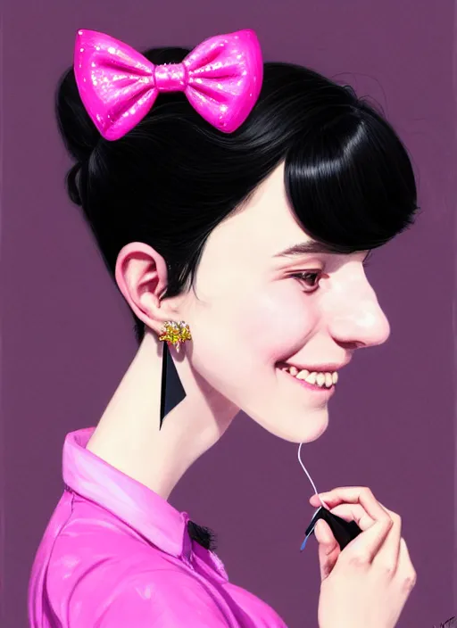 Image similar to portrait of high school girl, realistic, black hair, bangs, half updo hairstyle, pointy nose, skinny, smile, ugly, defined jawline, big chin, pink hair bow, earrings, intricate, elegant, glowing lights, highly detailed, digital painting, artstation, sharp focus, illustration, art by wlop, mars ravelo and greg rutkowski