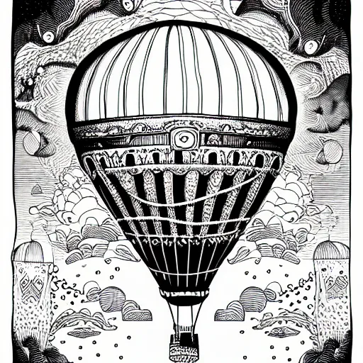 Prompt: portrait of an entire victorian air balloon over a fantasy landscape, line art illustration by joe fenton , black and white, intricate details