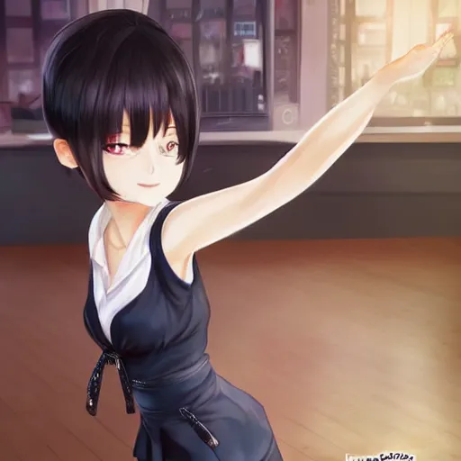 Image similar to luxury advertisement, astonishing portrait of a very beautiful anime schoolgirl with black bob hair, full perfect face, she is dancing. Realistic, highly detailed background, artstation, 120 degree view, drawn by Sasoura, Satchely and Akihiko Yoshida, no distortion