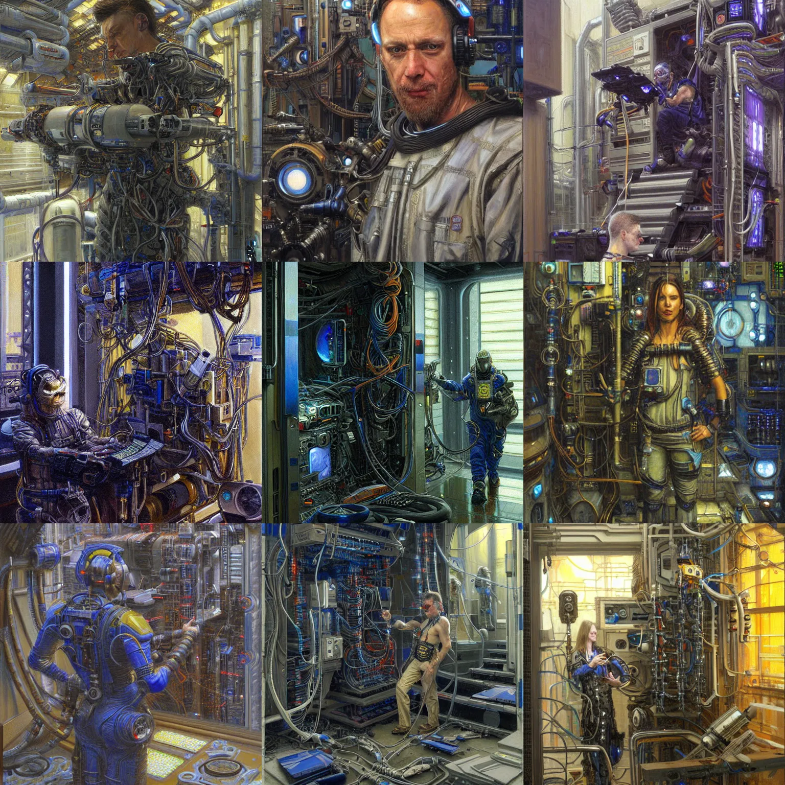 Prompt: painting by donato giancola, cyberpunk technician engineer