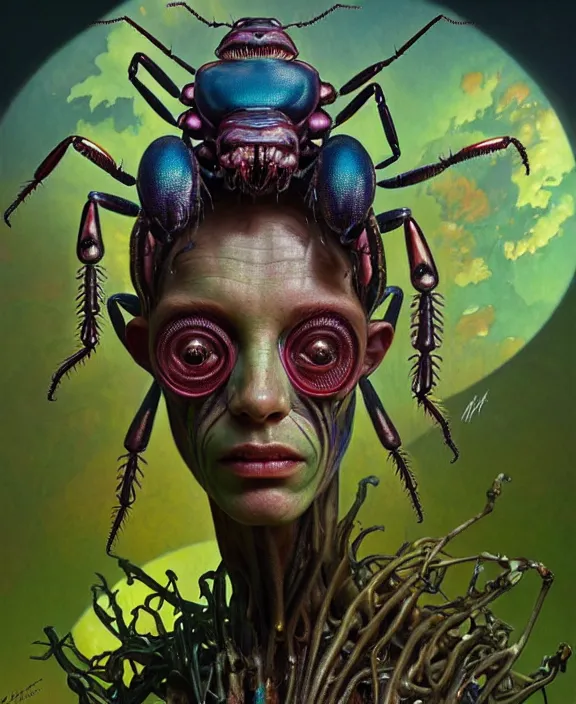 Image similar to intricate colorful portrait of a scary alien insect creature, mottling, adorable, childlike, overgrown environment, ultra realistic, concept art, maximalist, photorealistic, octane render, 8 k, unreal engine. art by christopher marley and artgerm and greg rutkowski and alphonse mucha