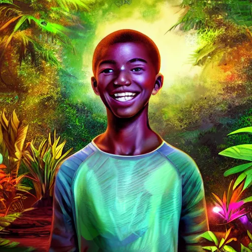 Prompt: concept art of beautiful futuristic, hyperrealistic, sci - fi, smiling african teen boy, peaceful, meditating, colourful digital art, colourful jungle, trending on artstation, detailed
