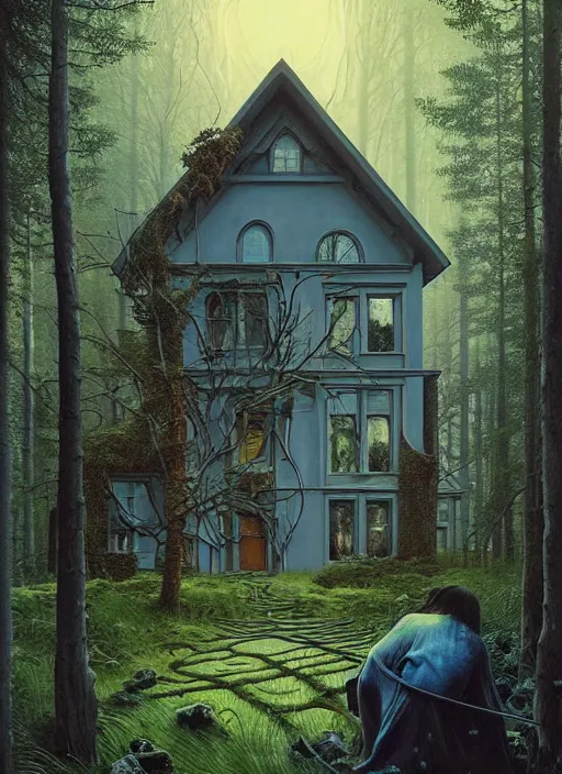 Image similar to hyper realistic witchy modern gothic house with mood lighting and tech in the woods gorgeous lighting, sunbeams blue sky, highly detailed, lush forest foliage painting by zdzisław beksinski and norman rockwell and greg rutkowski weta studio, and lucasfilm