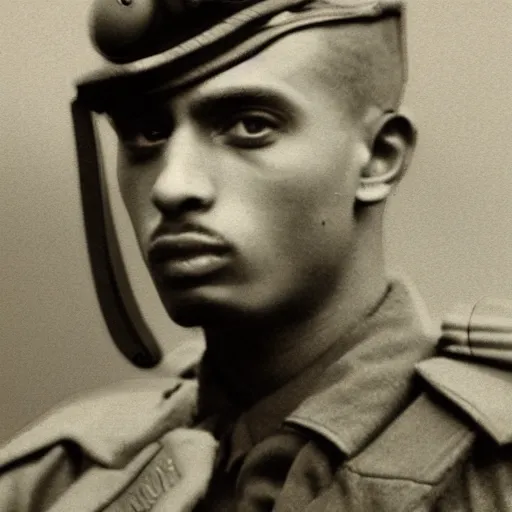 Image similar to playboi carti as a german world war ii soldier captured on a old camera 4 k detailed super realistic