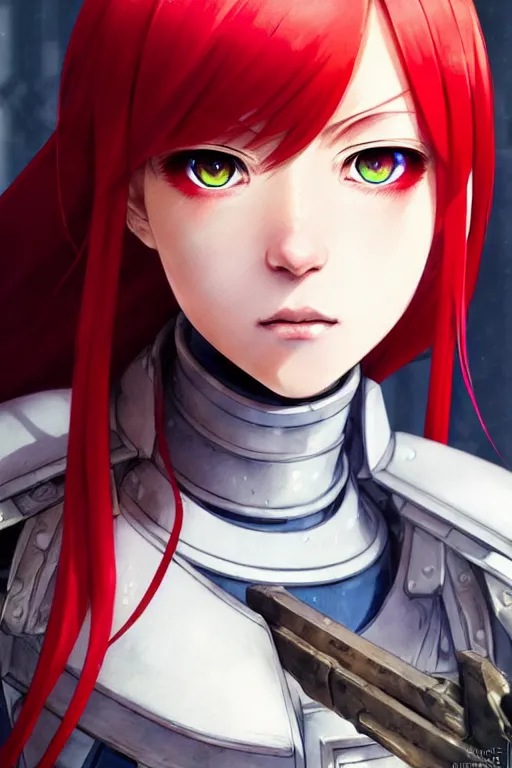 Image similar to portrait of Anime sister of battle, Warhammer 40000, cute-fine-face, red-short-hair pretty face, realistic shaded Perfect face, fine details. Anime. realistic shaded lighting by Ilya Kuvshinov katsuhiro otomo ghost-in-the-shell, magali villeneuve, artgerm, rutkowski, WLOP Jeremy Lipkin and Giuseppe Dangelico Pino and Michael Garmash and Rob Rey