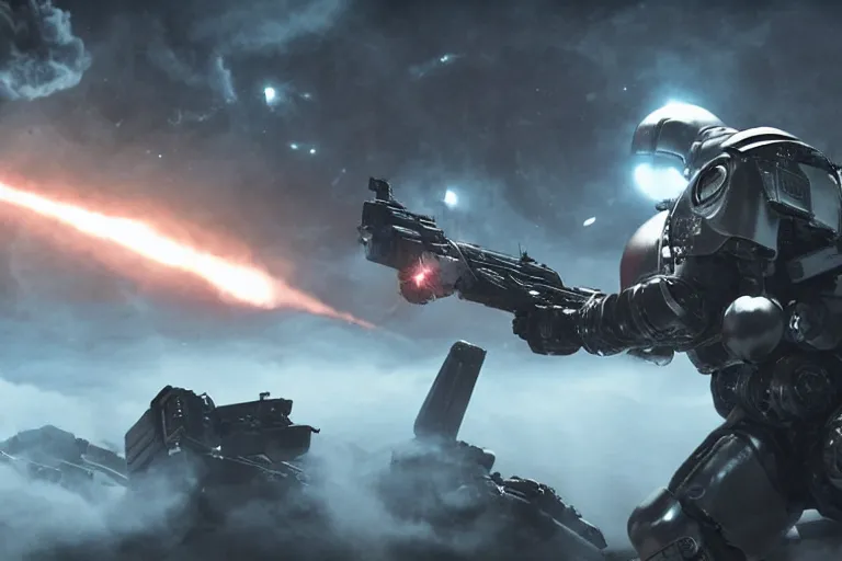 Image similar to VFX movie of a futuristic inhuman alien spacemarines in future spaceship, firing gun at space pirates detailed surface cinematic lighting by Emmanuel Lubezki