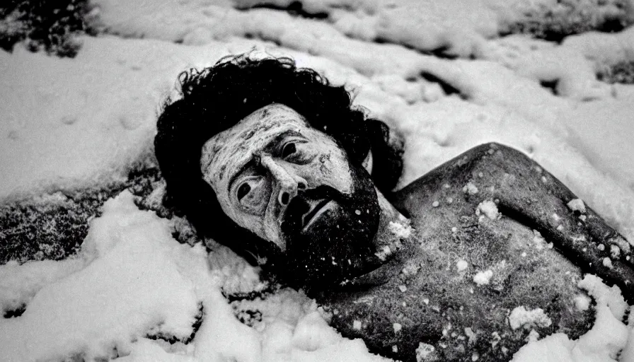 Image similar to 1 9 6 0 s movie still close up of marcus aurelius dirty face frozen to death under the snow on a river's shore with gravel, pine forests, cinestill 8 0 0 t 3 5 mm b & w, high quality, heavy grain, high detail, texture, dramatic light, anamorphic, hyperrealistic, detailed hair foggy