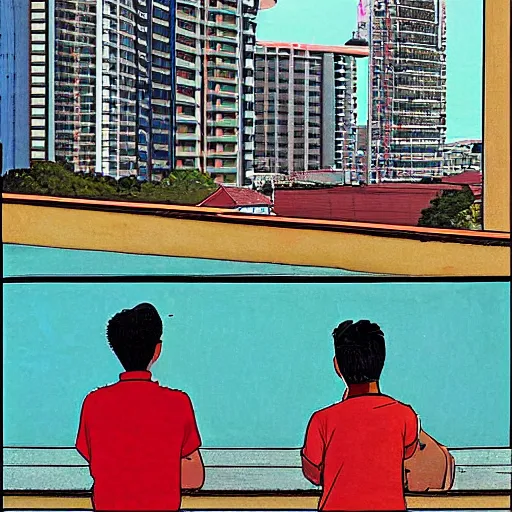 Prompt: art of two singapore students on the roof of a hdb flat, watching the neighbourhood, by moebius