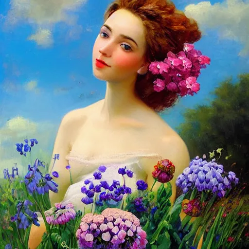 Image similar to a portrait of a romantic woman with flowers grow out of hair, roses peonies forget-me-nots dahlias lupins gladioli, sky theme in background, by Alexandr Averin, Digital Art, Trending on artstation