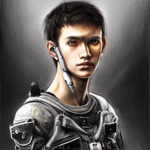 Image similar to portrait of a human by ayami kojima, he is about 2 0 years old, british, manly, straight jaw, black hair, and he is wearing a modern tactical gear, scifi, highly detailed portrait, digital painting, artstation, concept art, smooth, sharp foccus ilustration, artstation hq