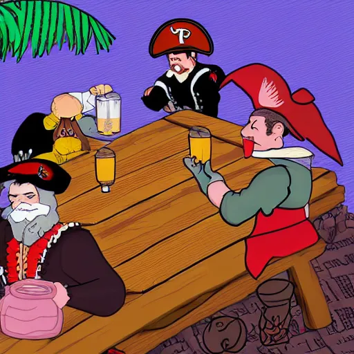 Image similar to Three important pirates drinking grog in a tavern table 16 bit computer art