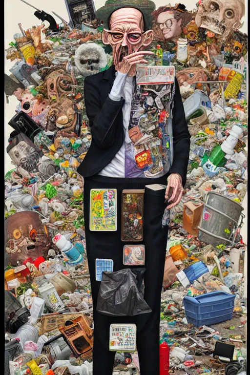 Prompt: full view, from a distance, of anthropomorphic trashcan william s burroughs, full of trash, style of yoshii chie and hikari shimoda and martine johanna, highly detailed