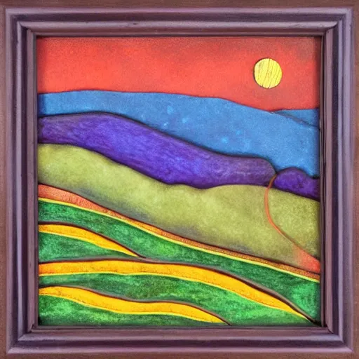 Prompt: rolling hills, appalachian folk art, mixed media, 3 d, detailed, award winning, blue, purple, red, orange, green