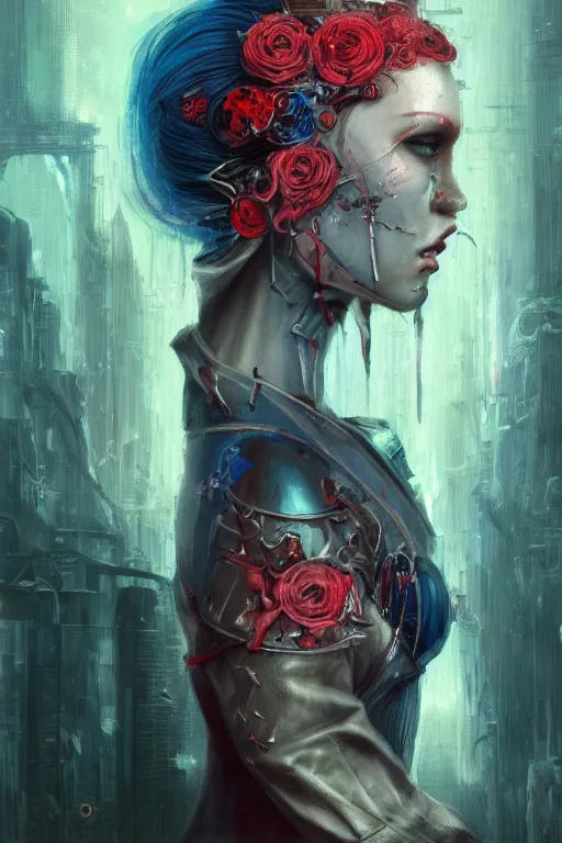 Prompt: portrait of beautiful young maiden, warhammer, cyber style, more and more cyberpunk, a lot of more scars, more and more flowers, blue head, some red water, the middle ages, highly detailed, artstation, illustration, artgerm sylvari portrait, 8 k quality, art by alfred kubin