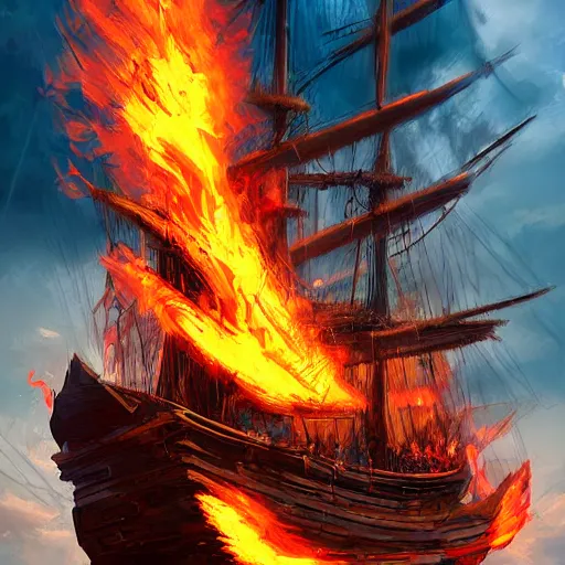 Prompt: Pirate ship on fire, digital art, detailed, artstation, realistic