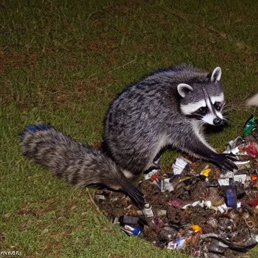 Image similar to night vision picture of raccoons rummaging through a gigantic trash mound