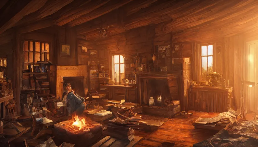 Image similar to Interior of a gorgeous wooden house with a fire in the fireplace, shelf of books and people drinking coffees on the couch, hyperdetailed, artstation, cgsociety, 8k