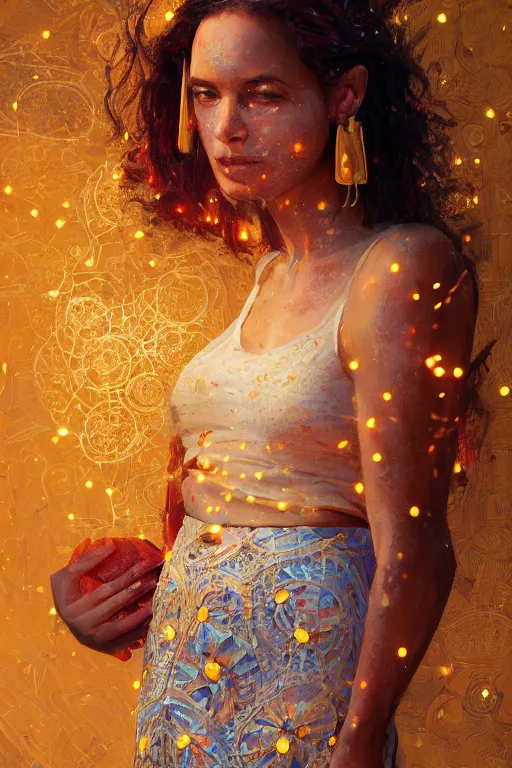 Prompt: portrait of cuban woman with skirt made out of bananas, dancing, intricate, elegant, glowing lights, highly detailed, digital painting, artstation, sharp focus, illustration, art by wlop, mars ravelo and greg rutkowski