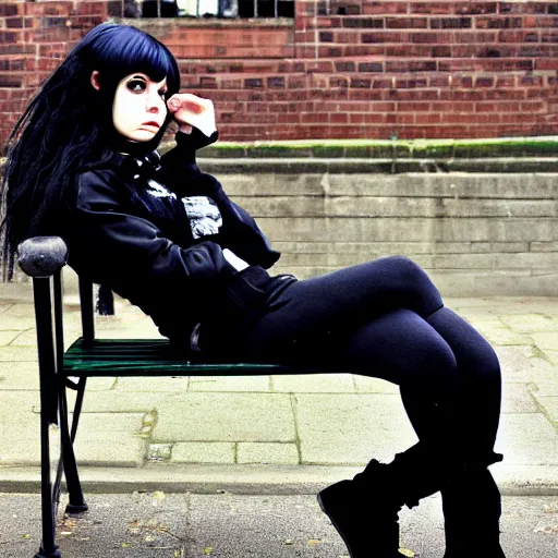 Prompt: an emo goth girl sitting on a bench in front of a British house on a freezing cold day, 2006, black hair