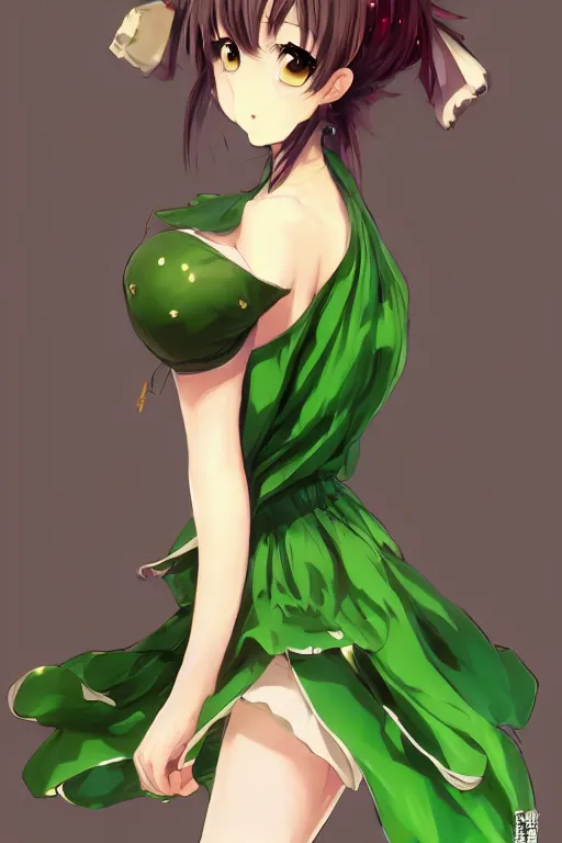 Prompt: anime woman fullbody art, wearing a green pretty dress, digital art, character concept, head fully visible, attractive, illustrious clothes, High Details, Cinematic, WLOP, Rossdraws, James Jean, Andrei Riabovitchev, Marc Simonetti, Yoshitaka Amano, Thomas Kinkade, Makoto Shinkai, ArtStation, CGSociety, trending on artstation