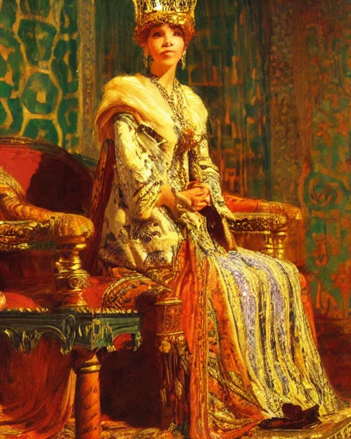Prompt: an illustration of a queen on a throne at night by frederick arthur bridgman, realistic, detailed, oil painting, 1 9 th