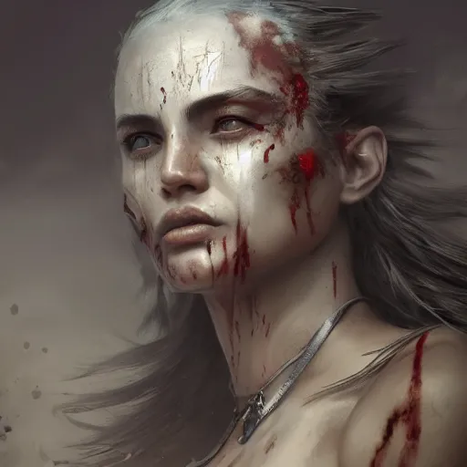 Prompt: painting of a warrior woman, sad, cry, gloomy, blood, fire, intricate, elegant, highly detailed, digital painting, artstation, concept art, matte, sharp focus, illustration, octane render, unreal engine, art by aenaluck and roberto ferri and greg rutkowski, epic fantasy, digital painting