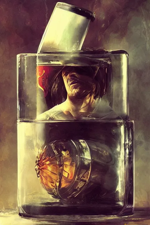 Image similar to a ship in a bottle but instead of a ship it is jack nicholson in the bottle, jack nicholson, whiskey bottle, masterpiece painting by artgerm, ruan jia, jakub rebelka, tom bagshaw