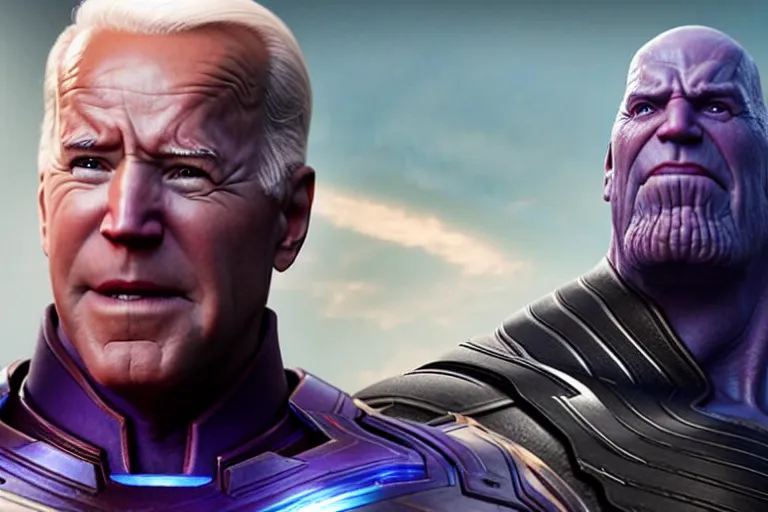 Image similar to promotional image of a bald Joe Biden as Thanos in Avengers: Endgame (2019), dynamic action shot, movie still frame, promotional image, imax 70 mm footage