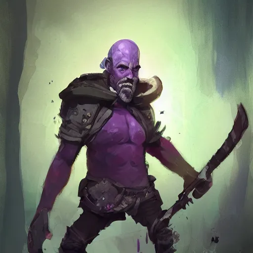 Image similar to male duergar adventurer with purple skin, by Ismail Inceoglu, wearing leather adventuring clothes, shabby, short, bald, wielding knife, mischievous grin, character portrait, digital art, dungeons and dragon, character