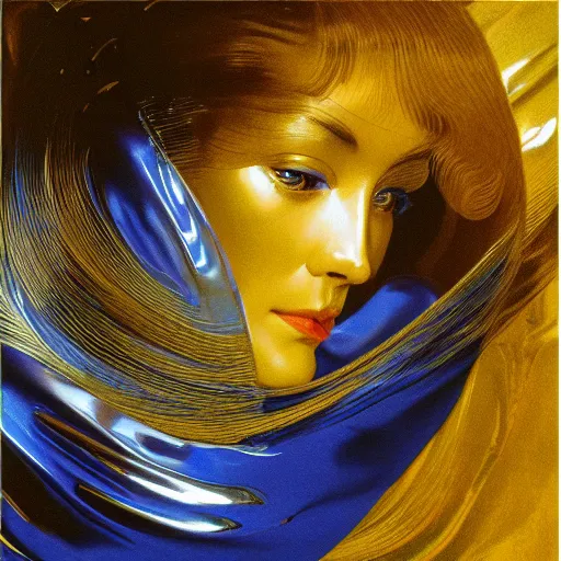 Prompt: a chrome woman's face in flowing sheets of cobalt blue gold chrome silver satin reflective foil, by moebius syd mead roger dean wojciech siudmak donato giancola yoshitaka amano ivan aivazovsky jan de heem pieter claesz paul delaroche aelbert cuyp alma tadema, hyperrealistic volumetric light render