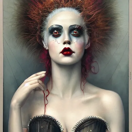 Image similar to by Tom Bagshaw, ultra realist soft painting of a carnival curiosities, single female clown in a corset, symmetry accurate features, very intricate details, focus, curvy, award winning, ultra dense fog