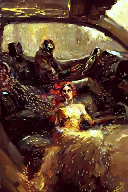 Image similar to bees in the car at mcdonald ’ s portrait dnd, painting by gaston bussiere, craig mullins, greg rutkowski, yoji shinkawa