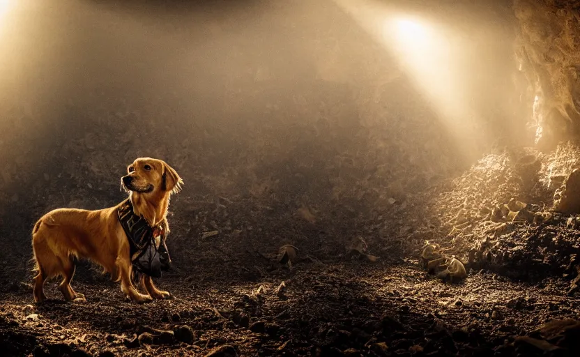 Image similar to a golden retriever in a dark gold mine wearing a wild west jacket and wearing a western hat and finding piles of gold nuggets, covered in soot, moody lighting, light rays coming from tunnel entrance, stylized photo