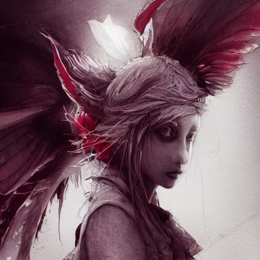 Image similar to portrait, anthropomorphic cardinal girl, druid, watercolor, dramatic lighting, cinematic, establishing shot, extremely high detail, foto realistic, cinematic lighting, pen and ink, intricate line drawings, by Yoshitaka Amano, Ruan Jia, Kentaro Miura, Artgerm, post processed, concept art, artstation, matte painting, style by eddie mendoza, raphael lacoste, alex ross,