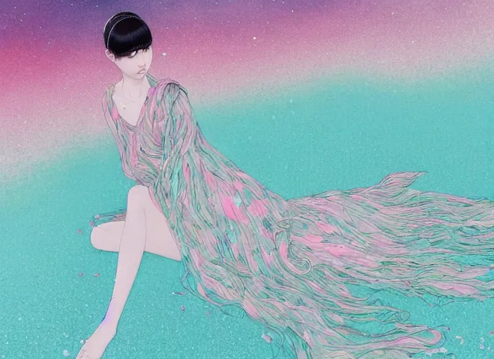 Prompt: lee jin - eun in luxurious dress emerging from pink and turquoise water in salar de uyuni with the ground reflecting the aurora borealis by takato yamamoto, james jean, conrad roset, m. k. kaluta, martine johanna, rule of thirds, elegant look, beautiful, chic, face anatomy, cute complexion