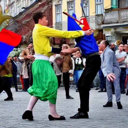 Image similar to ukraine and russia settle their differences through dancing in the streets.