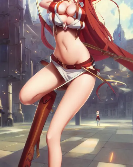 Image similar to pinup photo of asuna from sao in the crowded square of the city, asuna by a - 1 pictures, by by peter mohrbacher, artgerm gil elvgren, enoch bolles, glossy skin, pearlescent, anime, very coherent, sao style anime, flat