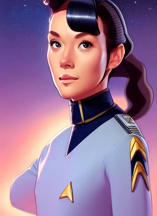 Image similar to cute star trek officer maraget rutherford, natural lighting, path traced, highly detailed, high quality, digital painting, by don bluth and ross tran and studio ghibli and alphonse mucha, artgerm