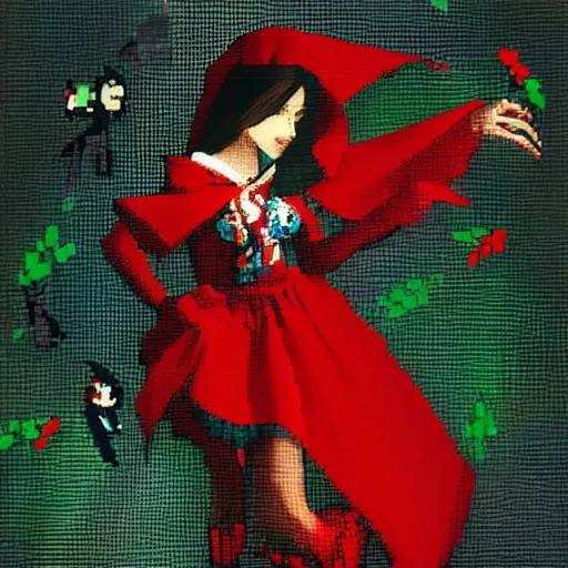 Image similar to portrait of a daydreaming latina woman in a red riding hood monk custome being progressively rasterized into pixels, surrounded by digital birds and a loving robot, by yoji shinkawa, esao andrews and dave mckean